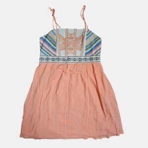Flying Tomato Boho Embroidered Mini‎ Dress M Pastel Peach Rayon Hippie Festival